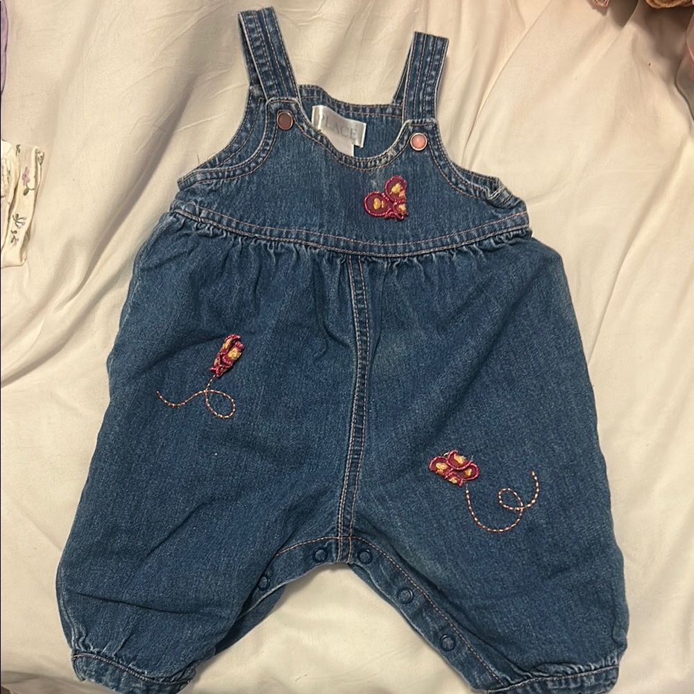 Denim Overalls with Butterfly Embroidery